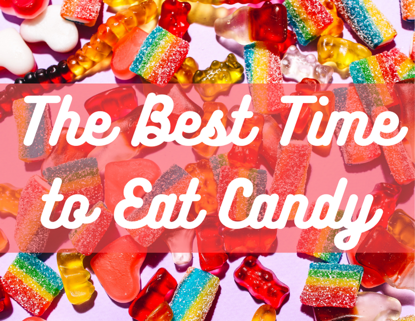 The best time to eat candy title slide with various gummy candies in the background