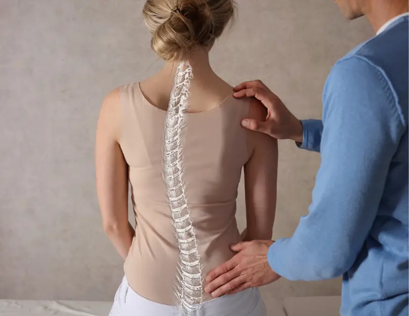 spinal alignment cannot be reliably palpated as the clinician is attempting to do on a patient's lumbar spine in this image